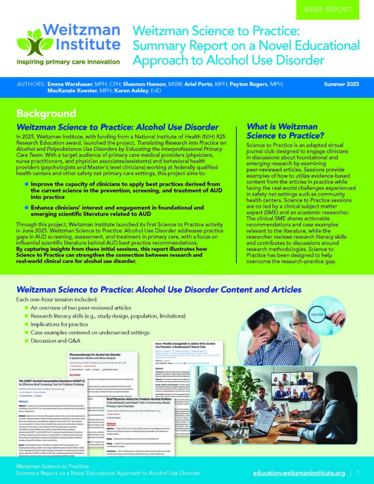 Weitzman Institute Announces the Weitzman Science to Practice Summary Report on a Novel Educational Approach to Alcohol Use Disorder